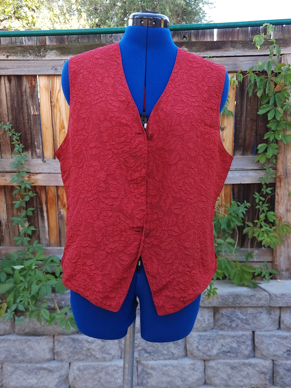 Vintage Republic Denim Red Silk Jacquard Floral Vest Size L